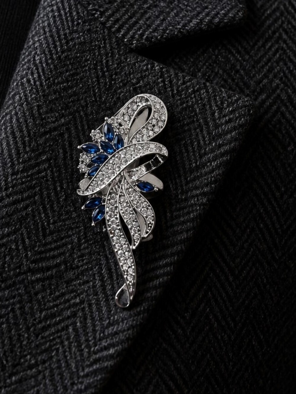 Sapphire Blue Rhinestone Brooch Silver Crystal Ribbon Floral Spray Statement Pin